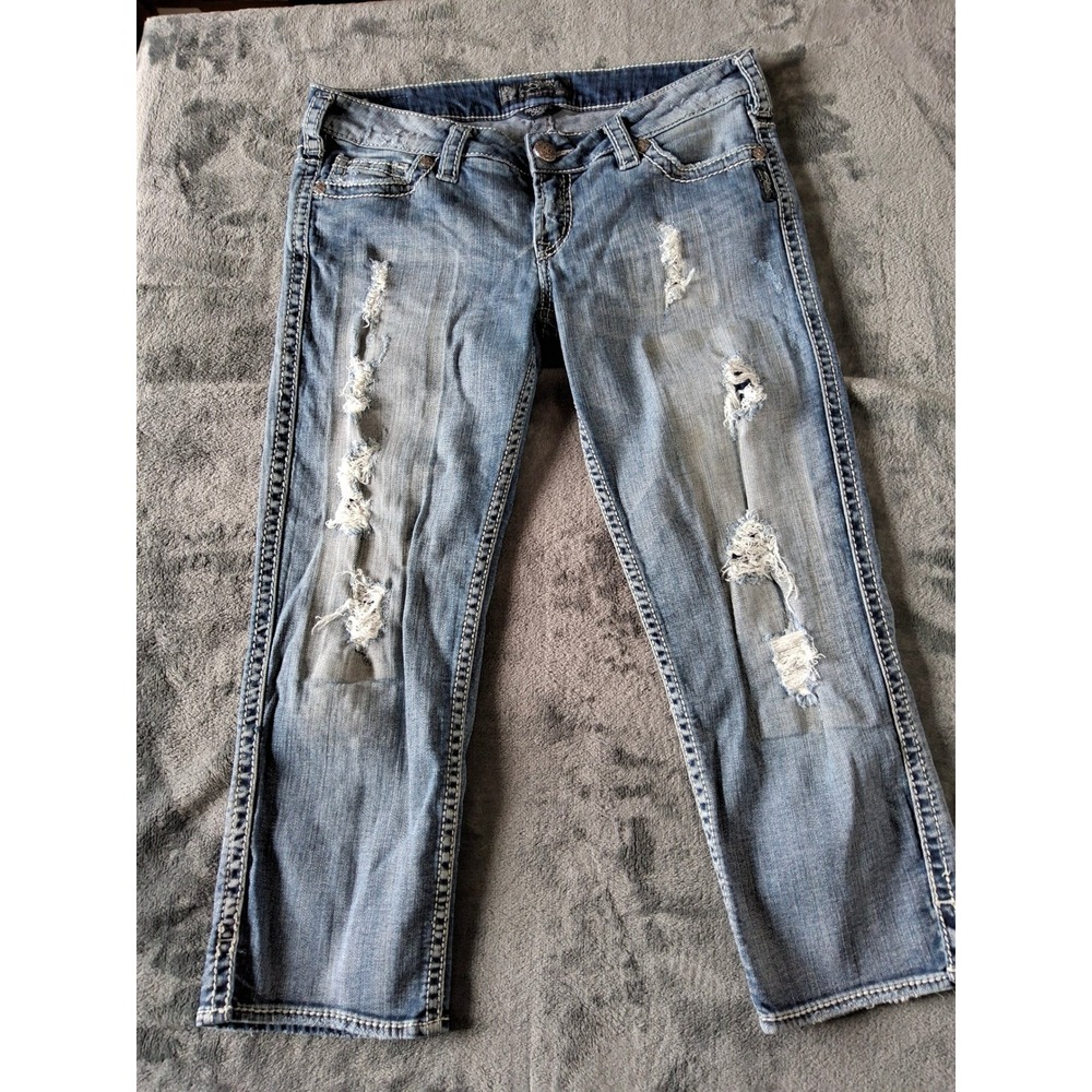 Silver Jeans Co Frances Crop Distressed Denim Jeans W29 Medium Wash Low Rise